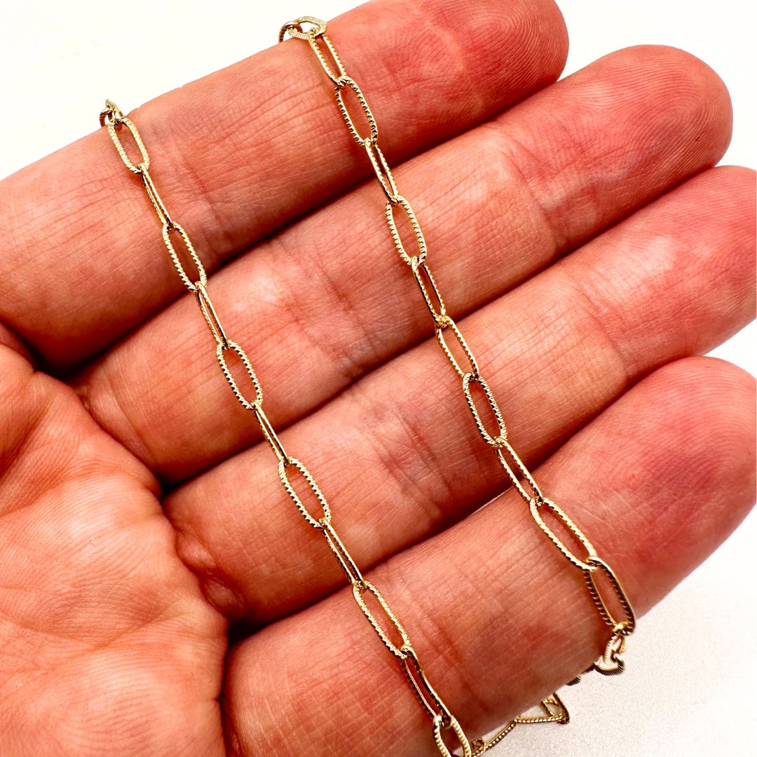14k Gold Filled Round Patterned Paperclip Chain by the Meter