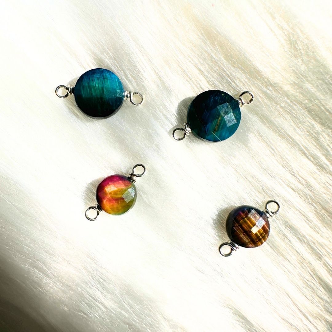 Premium handmade AAA Rainbow Galaxy Tiger's Eye connectors perfect for permanent jewelry creations.