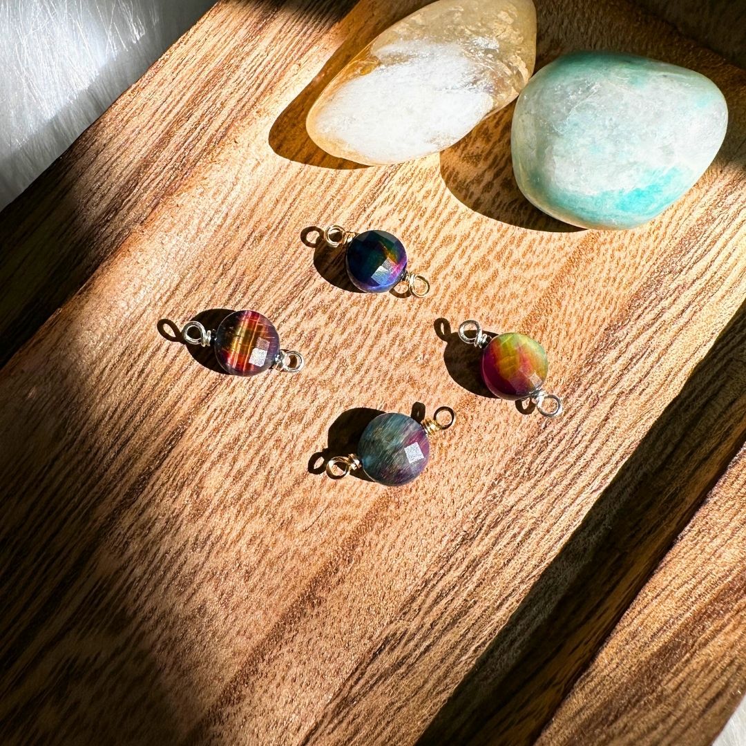 Premium handmade AAA Rainbow Galaxy Tiger's Eye connectors perfect for permanent jewelry creations.